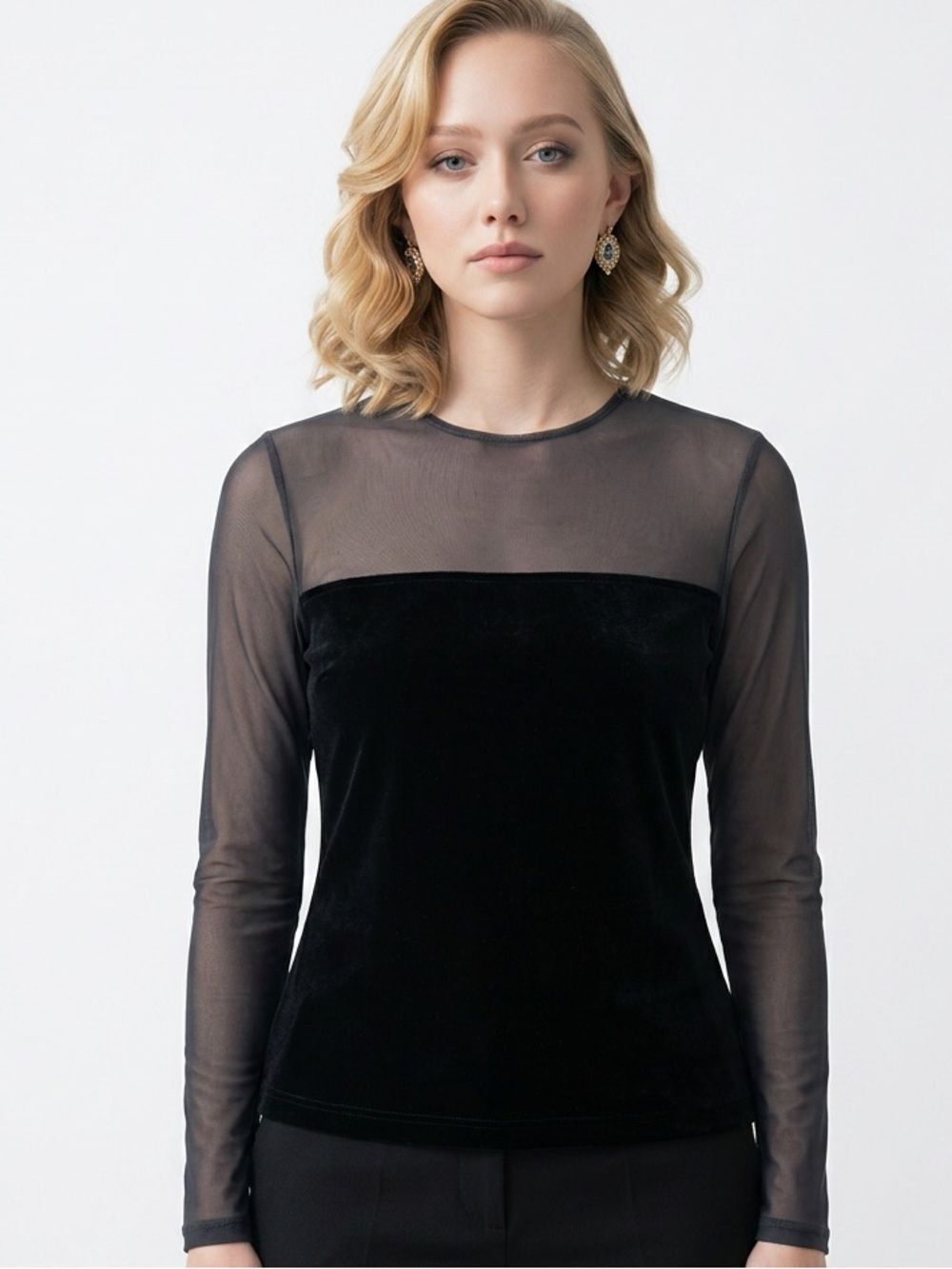 KAREN KANE | Vintage Black Mesh and Velvet Long Sleeve Top Women’s Size Small